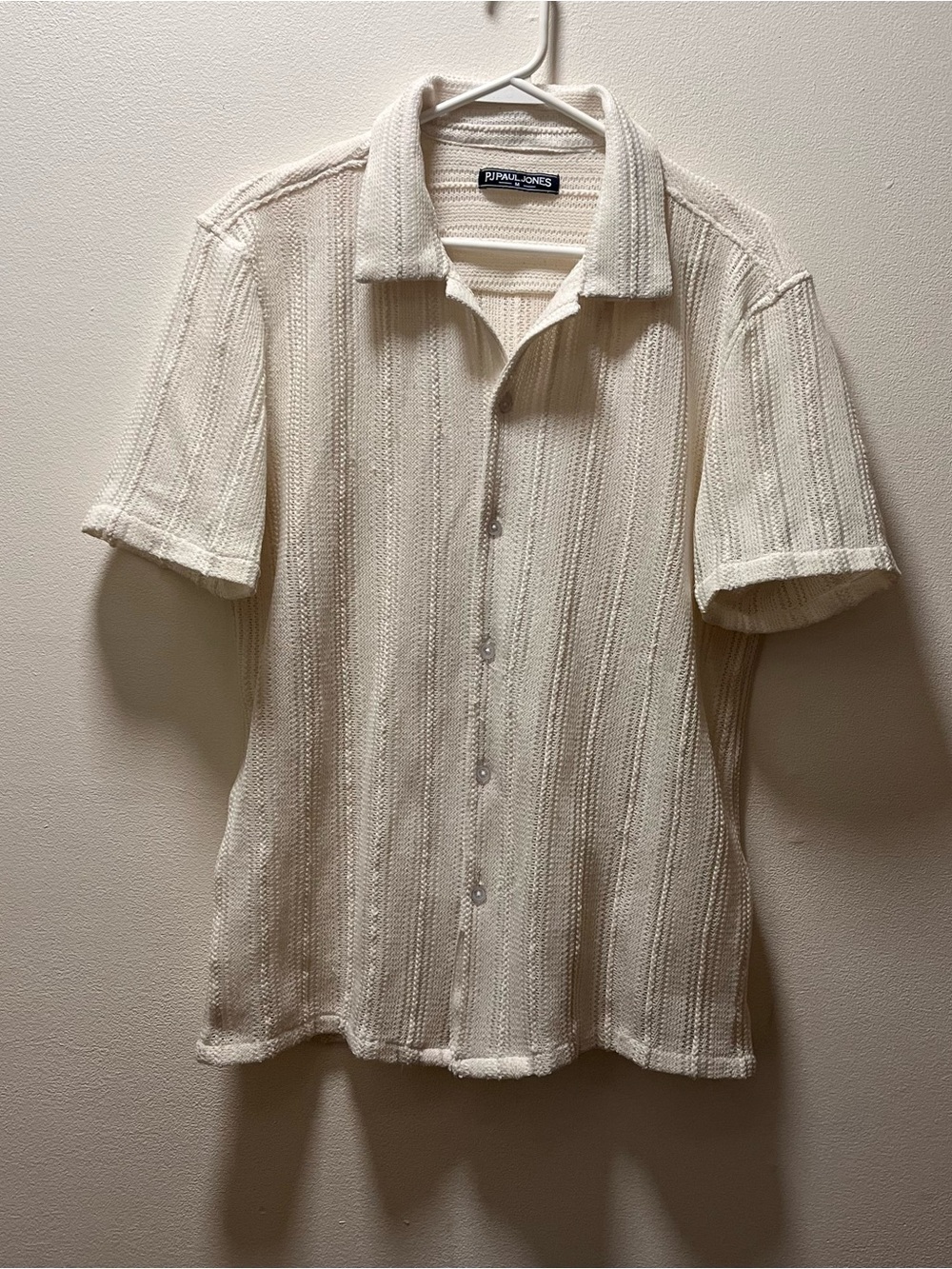 PJ Paul Jones Trendy Casual Open Weave Short-Sleeve Knit Shirt, Ecru, Sz Med